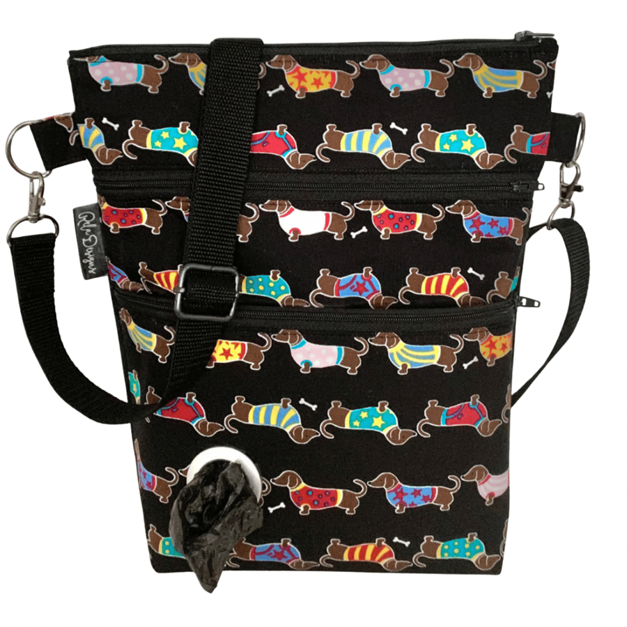 Dog walking bag, cross body, colourful dachshunds