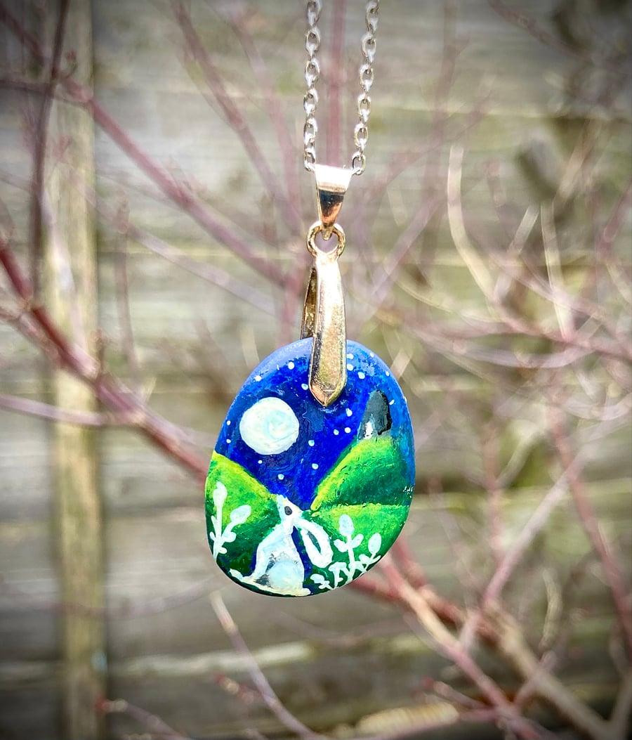 White Moon Hare & Glastonbury Tor Hand Painted Natural Pebble Pendant Necklace  