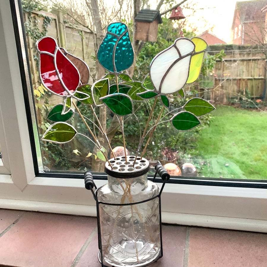 Stained  Glass Rose Stake - To Order - Plant Pot Decoration 