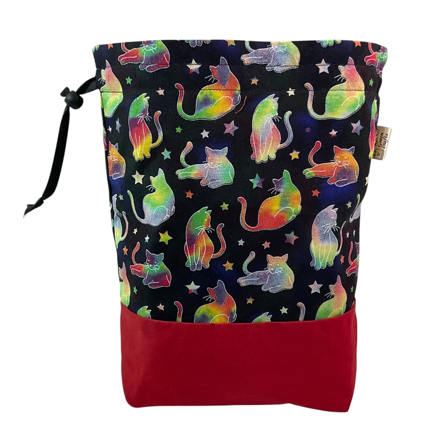 two at a time knitting bag with cats, sock sack, drawstring divided pouch, 