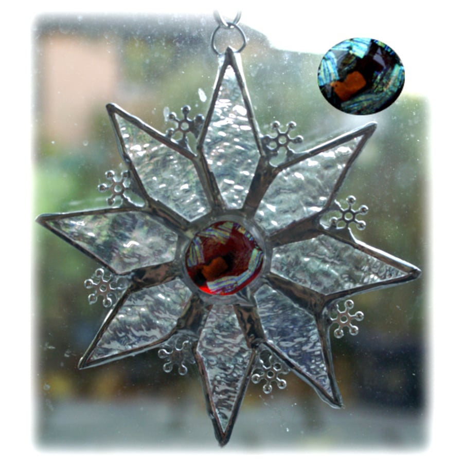SOLD Sparkly Star Suncatcher Stained Glass Snowflake Red Turquoise 9.5cm 042