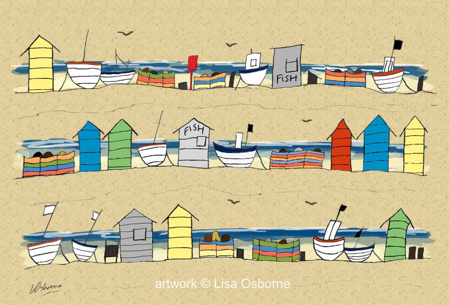 Beach huts and boats - coastal art print