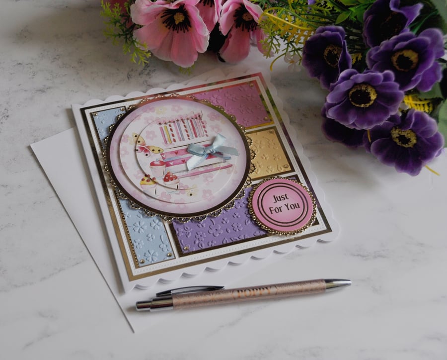 Vintage Birthday Cake Cupcakes Just For You Flowers 3D Luxury Handmade Card 