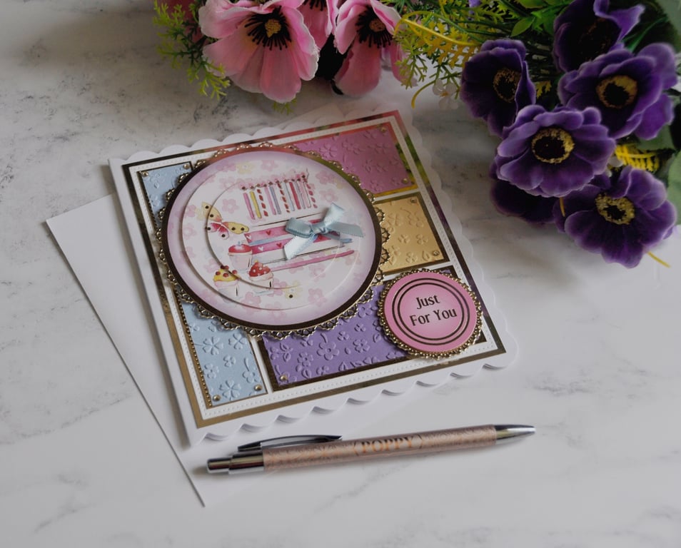 Vintage Birthday Cake Cupcakes Just For You Flowers 3D Luxury Handmade Card 