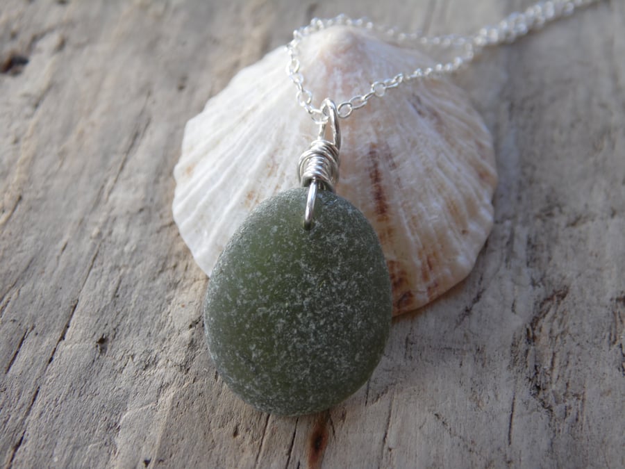 Frosted Oval Olive Green Marazion Sea Glass Necklace Sterling Silver N648