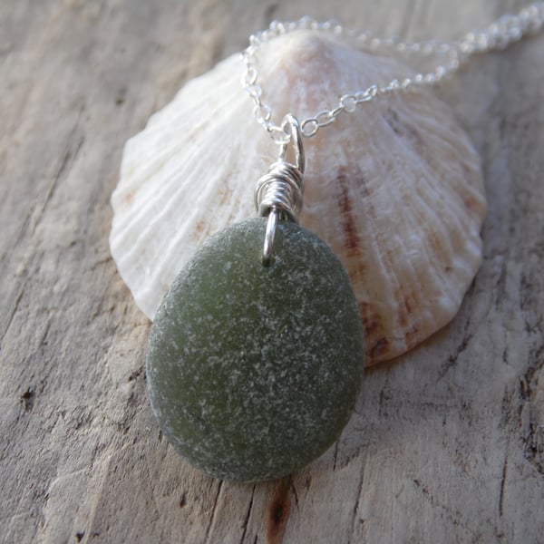 Frosted Oval Olive Green Marazion Sea Glass Necklace Sterling Silver N648