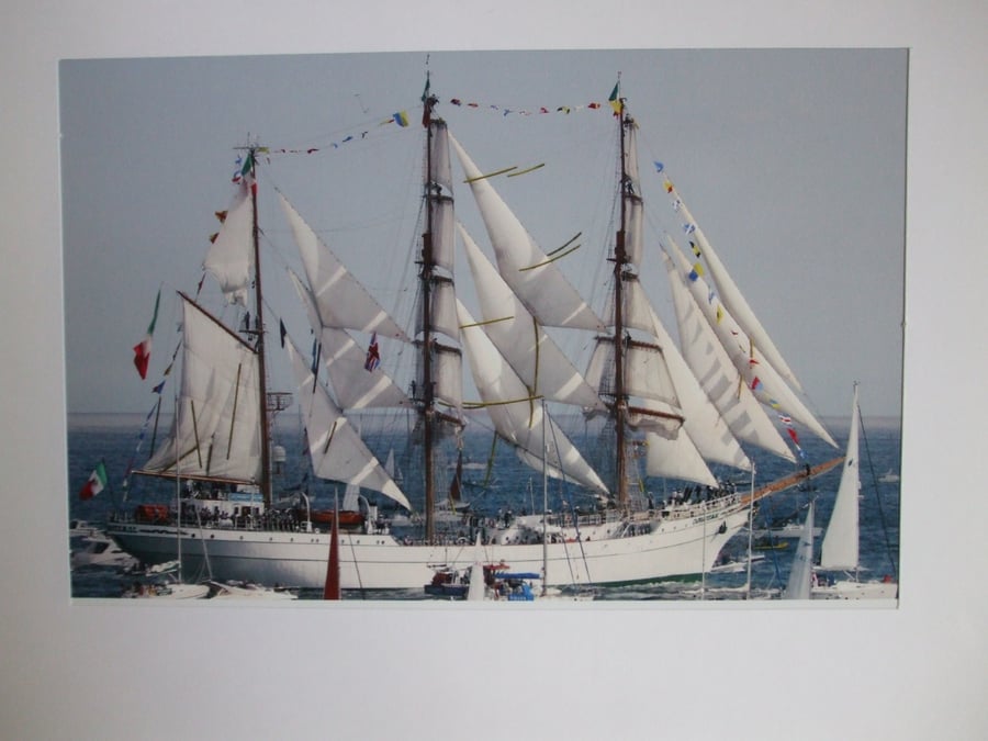 Photographic greetings card of "Cuauhtenoc", a Tall Ship; fully rigged.