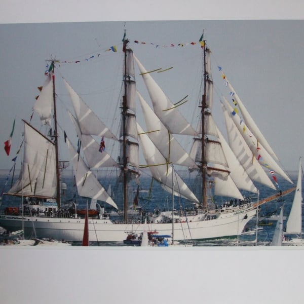 Photographic greetings card of "Cuauhtenoc", a Tall Ship; fully rigged.