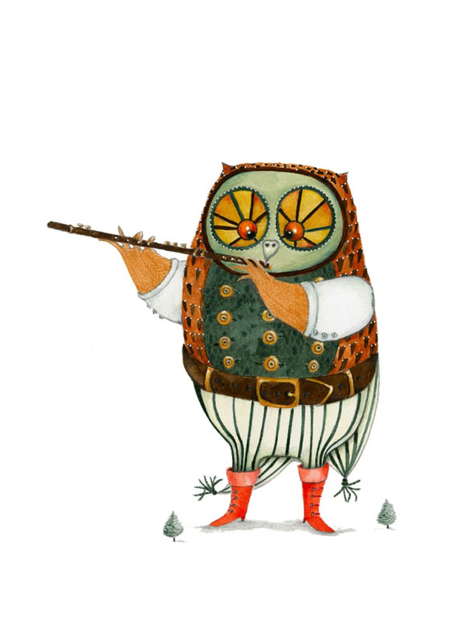 Owl illustration Giclee print A4 Owl playing the flute