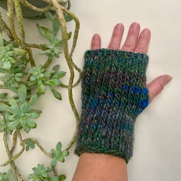 Fingerless gloves wrist warmers made from hand blended, core spun wool