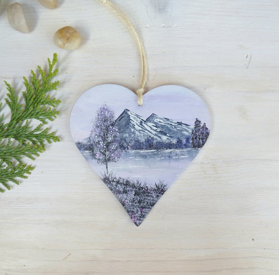 Purple Mountain & Lakeside scenery, Hand Painted Wooden Heart Decoration
