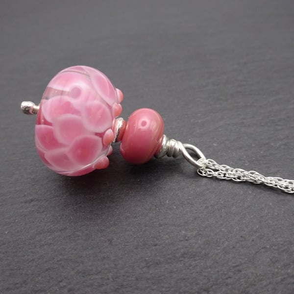 sterling silver chain necklace, lampwork glass pink petal pendant jewellery
