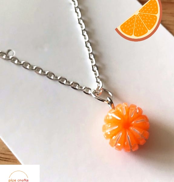 Orange Clementine Fruit Necklace, 18 Inch Chain, Quirky Jewellery Festivals