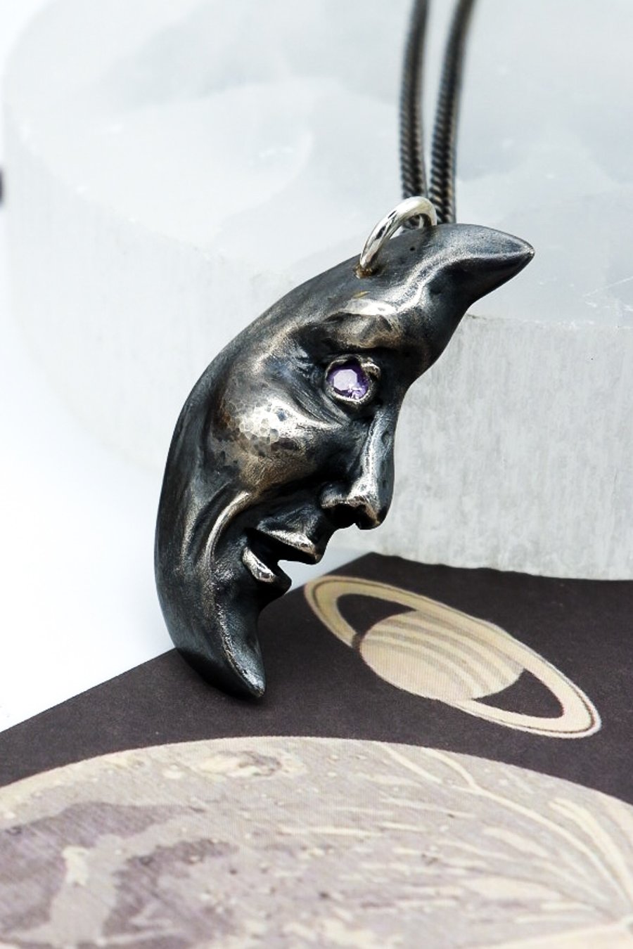 Crescent Moon Amethyst Gemstone Necklace, Solid Recycled Silver Celestial Charm 