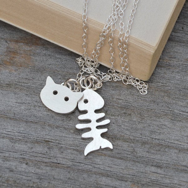 Fishbone And Cat Necklace In Sterling Silver