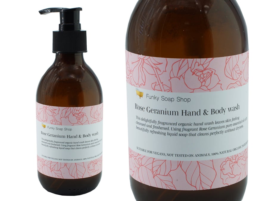 Rose Geranium Hand and Body wash, Glass Bottle of 250ml