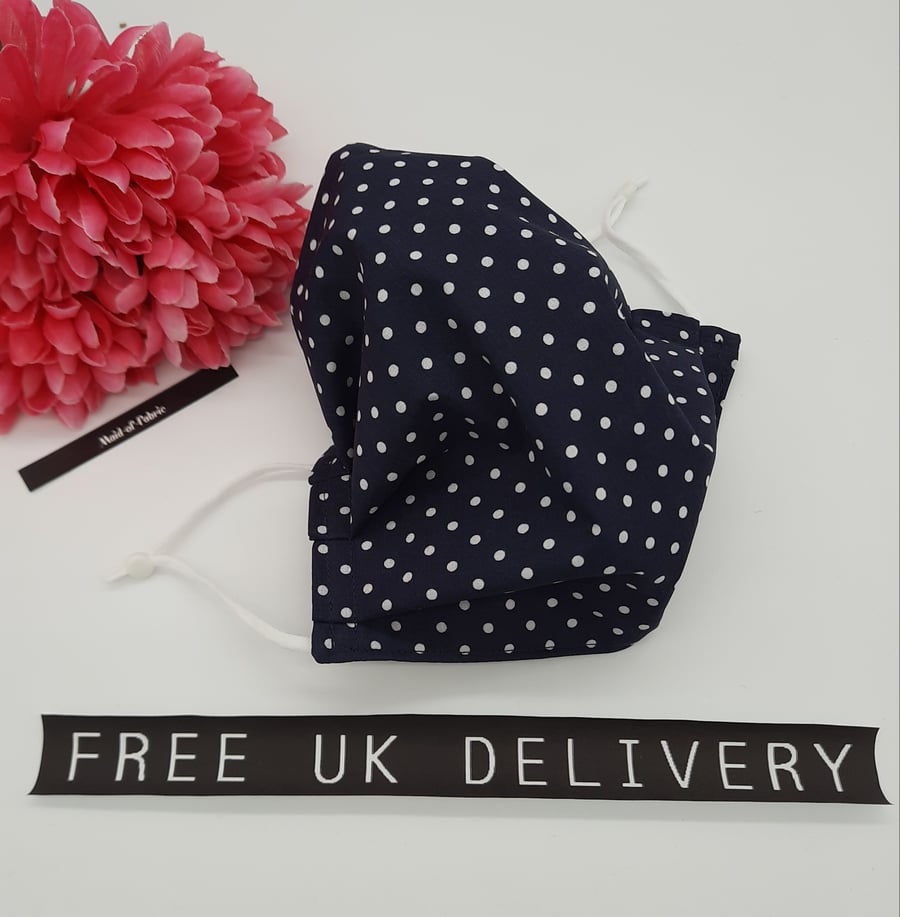Face mask, large, adjustable, 3 layer,  washable in navy polkadot 