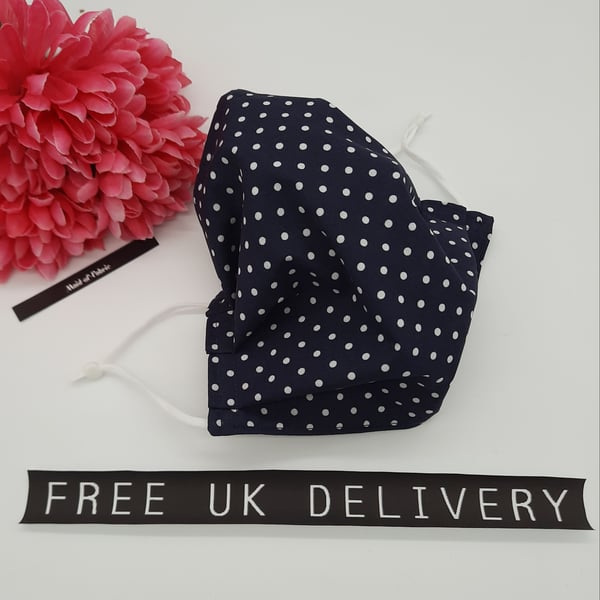 Face mask, large, adjustable, 3 layer,  washable in navy polkadot 