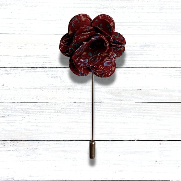 Flower Lapel Pin - Deep Red Fabric, Perfect for Wedding 