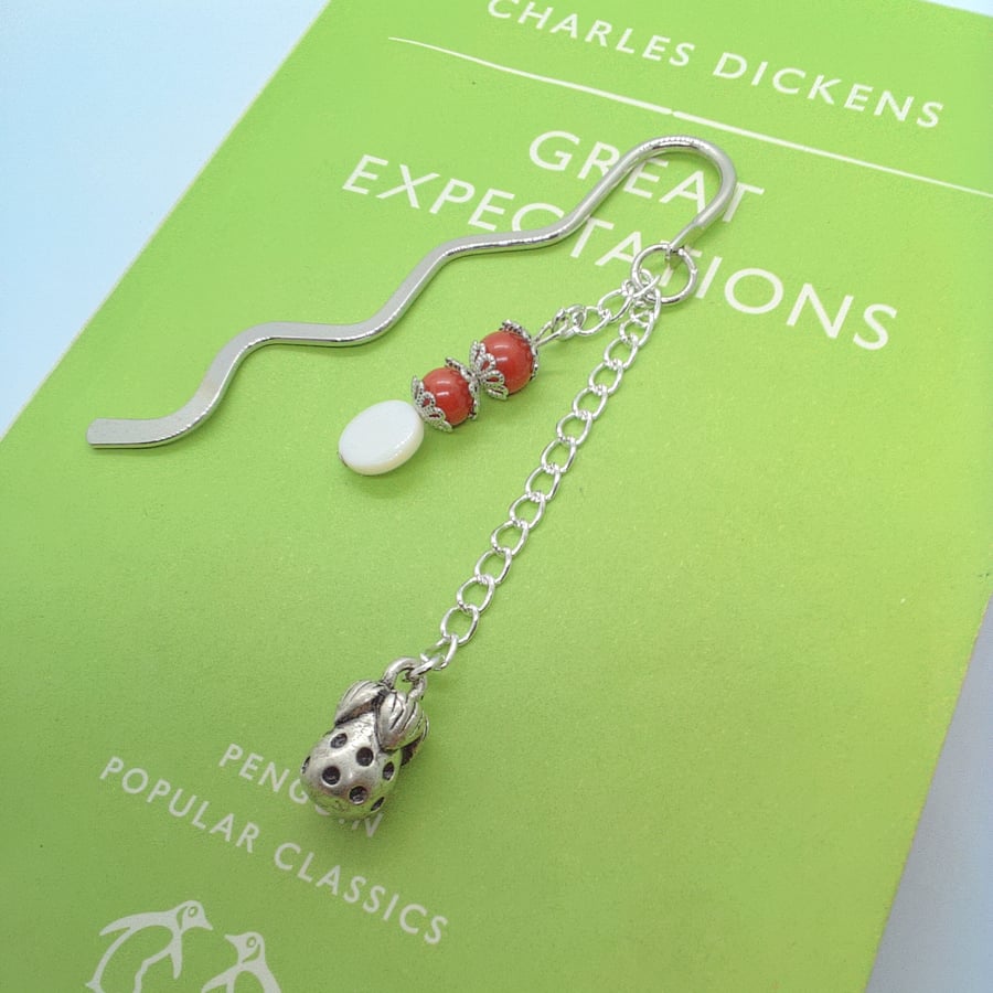 Silver Bookmark with Coral & Mother of Pearl Beaded Charm and Strawberry Charm