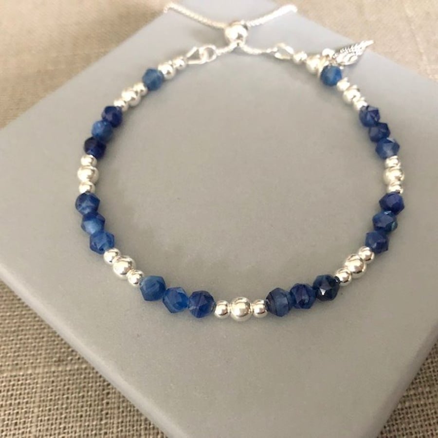 Sterling Silver Kyanite Blue Angel Wing Charm Bracelet, Adjustable Bracelet