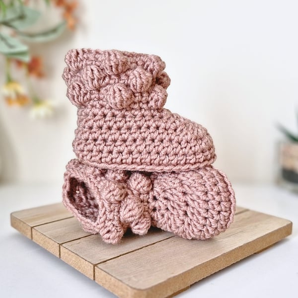 Handmade Merino Wool Crochet Baby Booties – Desert Rose 