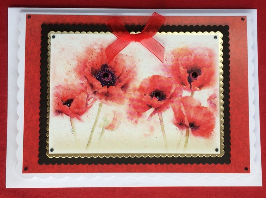Soft Red Poppy Card Poppies Any Occasion 3D Luxury Handmade Card