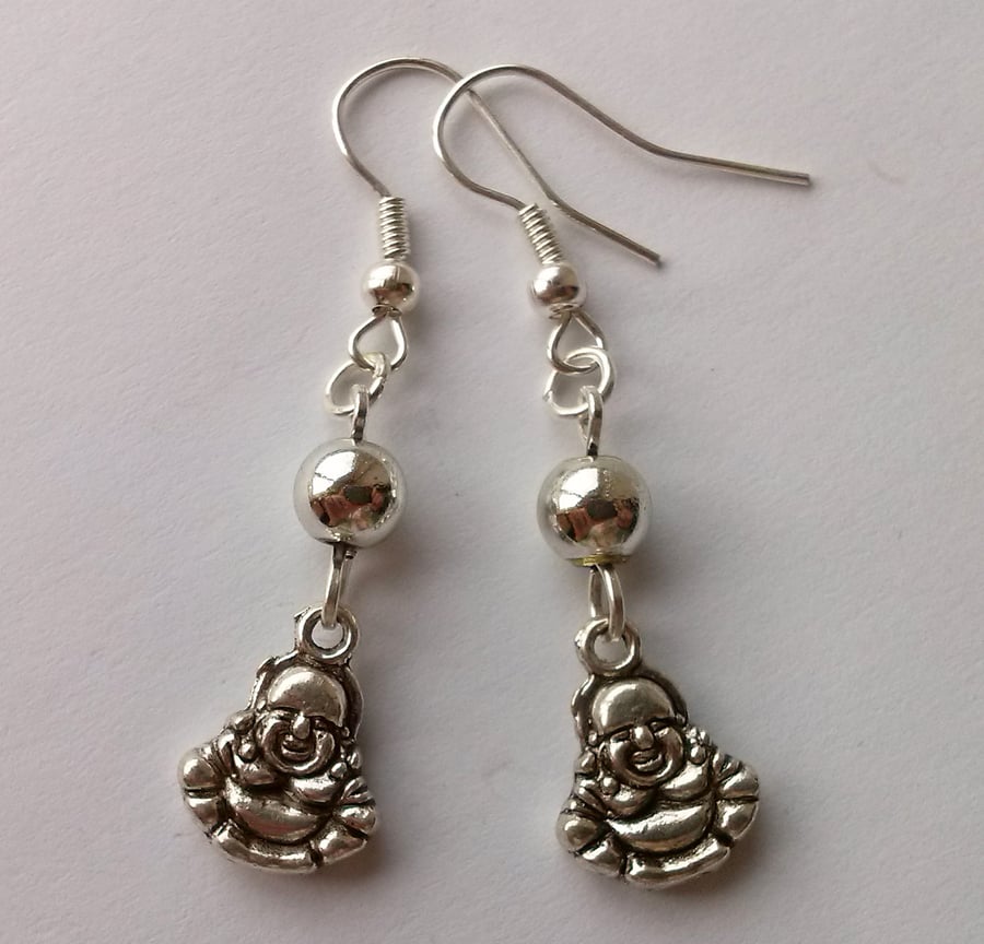 Small Buddha Eastern Buddhist Taoist Drop Earrings Silver Plate 