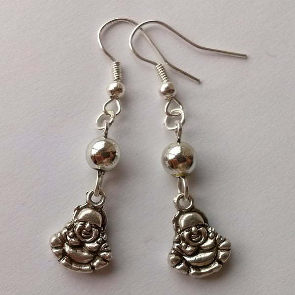 Small Buddha Eastern Buddhist Taoist Drop Earrings Silver Plate 