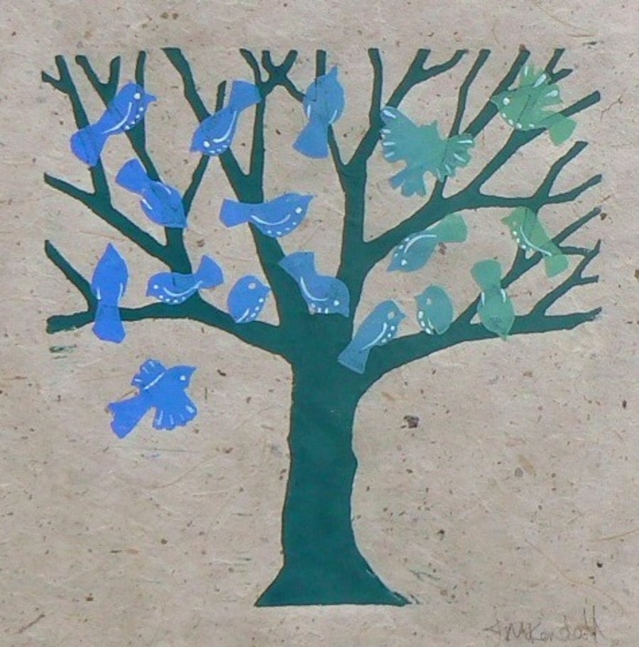 Bird Tree Lino Cut Print