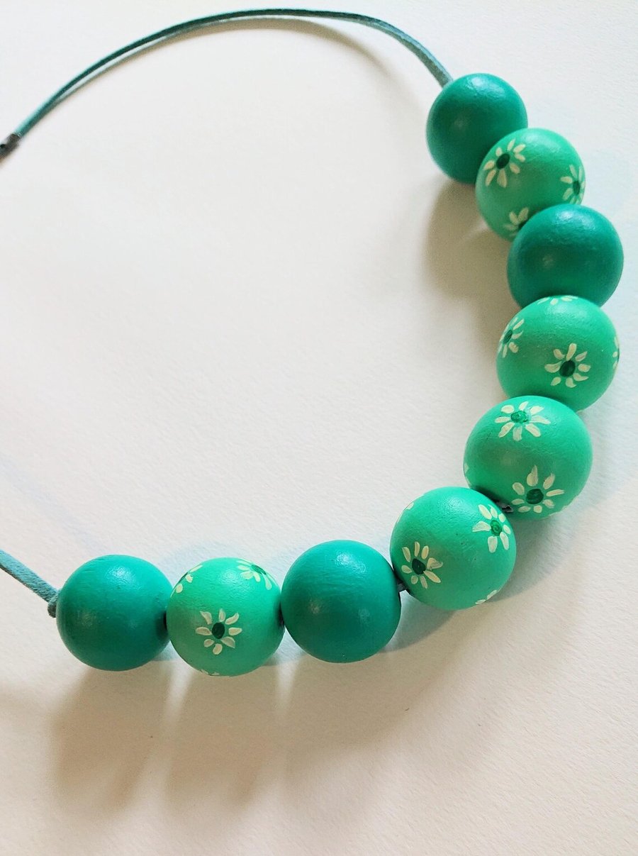 Wooden beaded necklace - hand painted - one of a kind