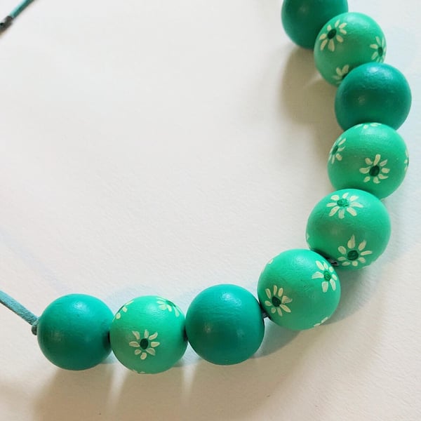 Wooden beaded necklace - hand painted - one of a kind