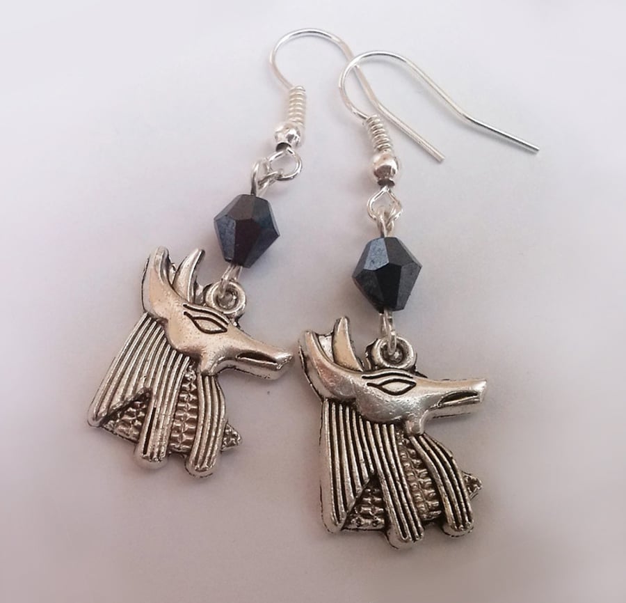 Silver Plate Black Grey Crystal Anubis Egyptian Dangle Earrings 