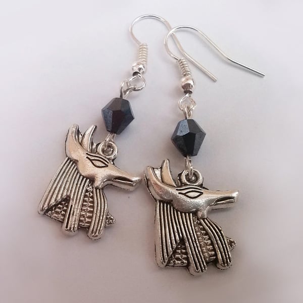 Silver Plate Black Grey Crystal Anubis Egyptian Dangle Earrings 