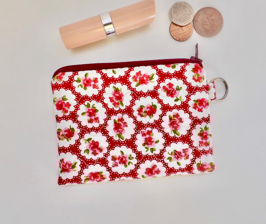 Coin purse red floral roses fabric 