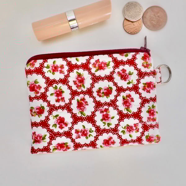 Coin purse red floral roses fabric 