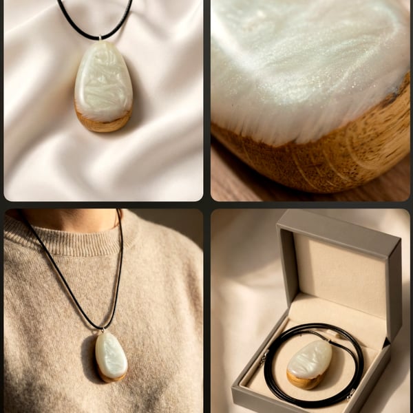 Unique oak and ghost green resin necklace