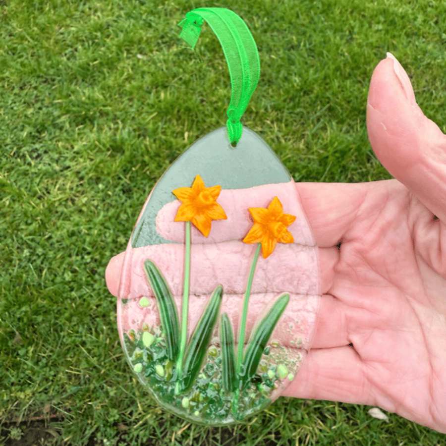 Fused glass Easter egg hanging decoration with daffodils