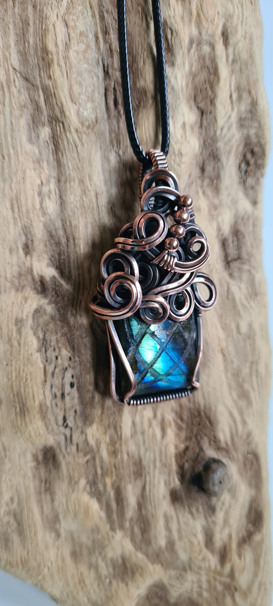 Handmade Natural Carved Labradorite & Copper Pendant Necklace Crystal Jewellery