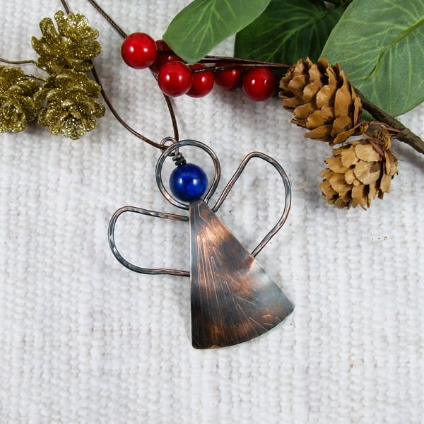 Copper Angel Hanging Decoration with Dyed Blue Jasper Gemstone