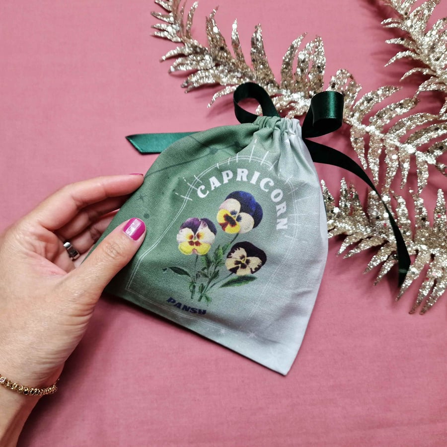 Pansy, Capricorn Birth Flower Handmade and Reusable Pouch