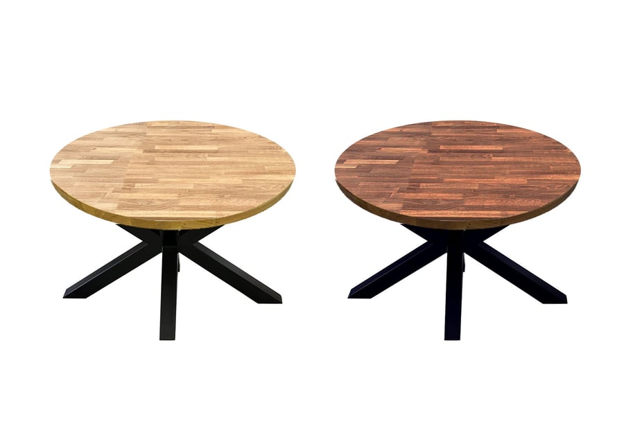 Round Industrial Dining Table - Solid Oak or Walnut - Steel Legs