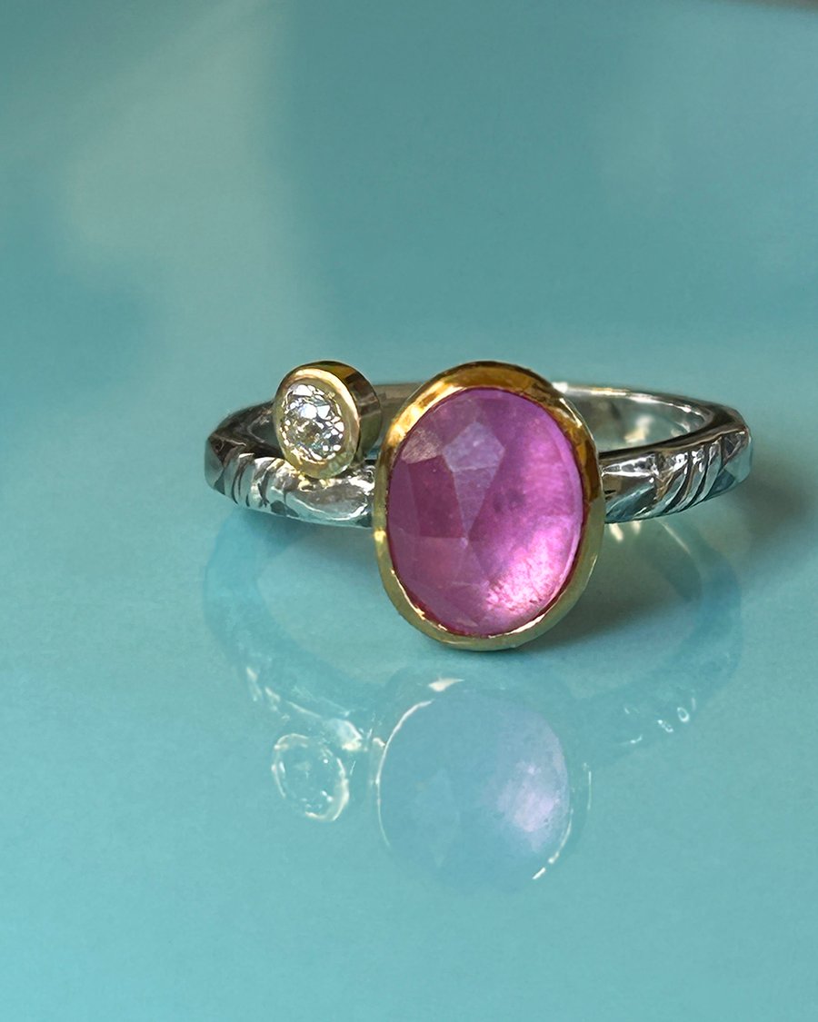 Dreamy Pink Sapphire and diamond ring in sterling Silver and 22ct gold setting.