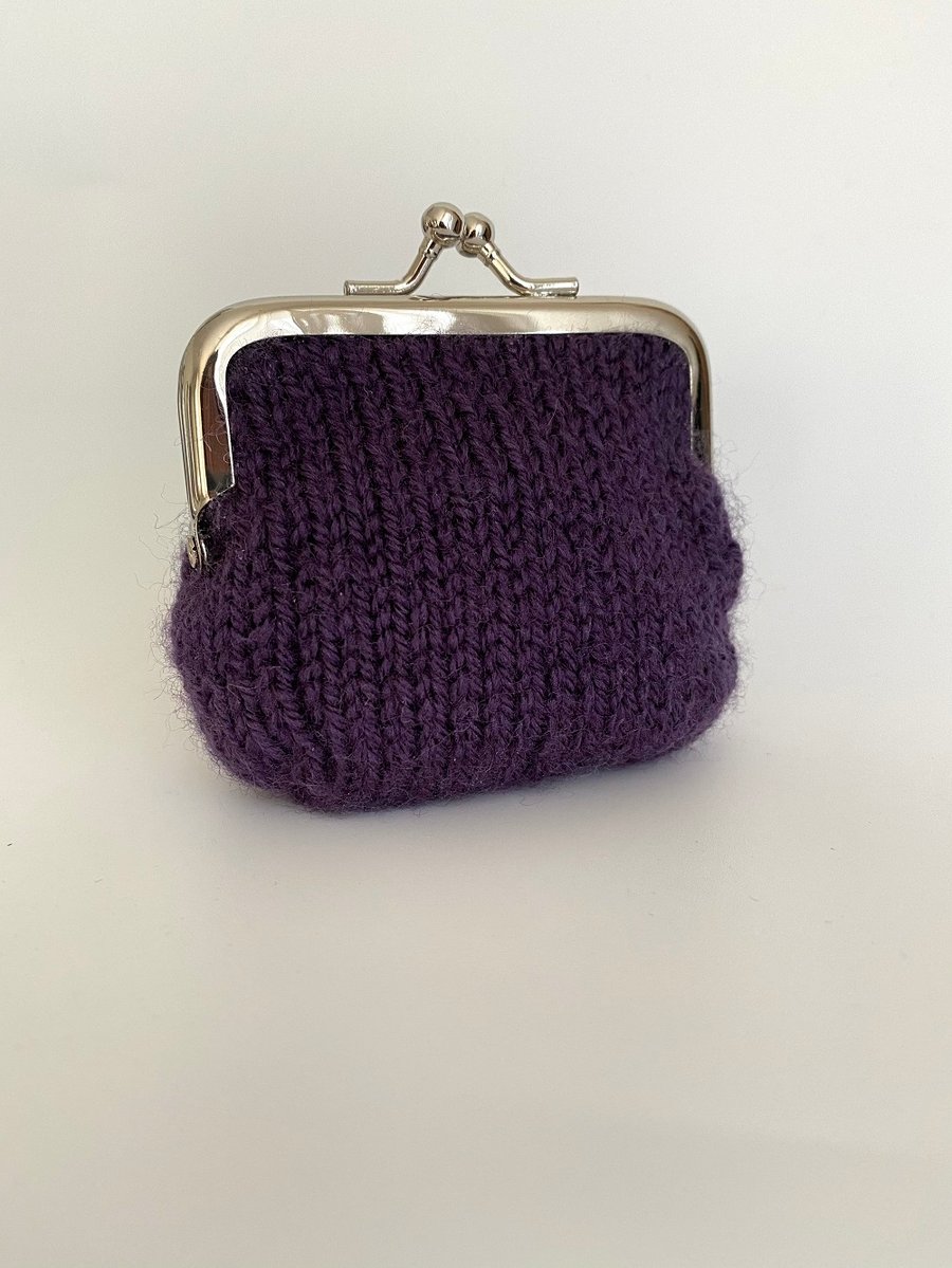 Purple Hand Knitted Wool Coin Purse with Silver Kiss Lock Snap Frame