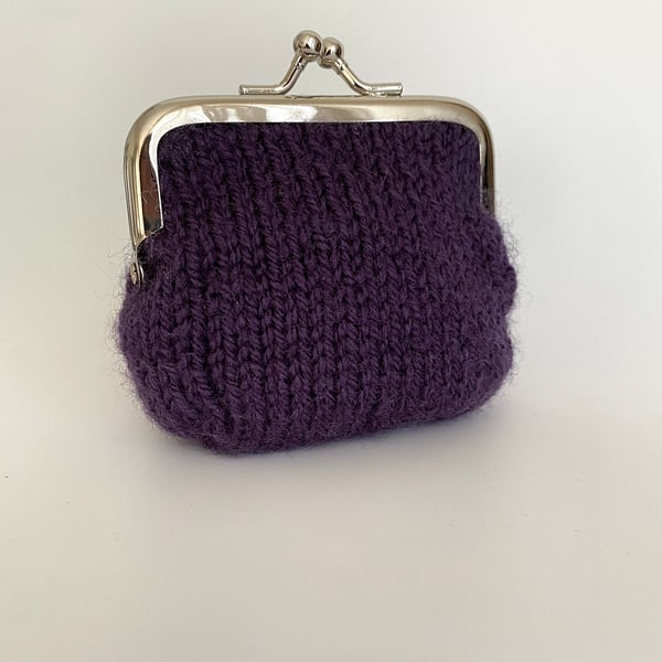 Purple Hand Knitted Wool Coin Purse with Silver Kiss Lock Snap Frame