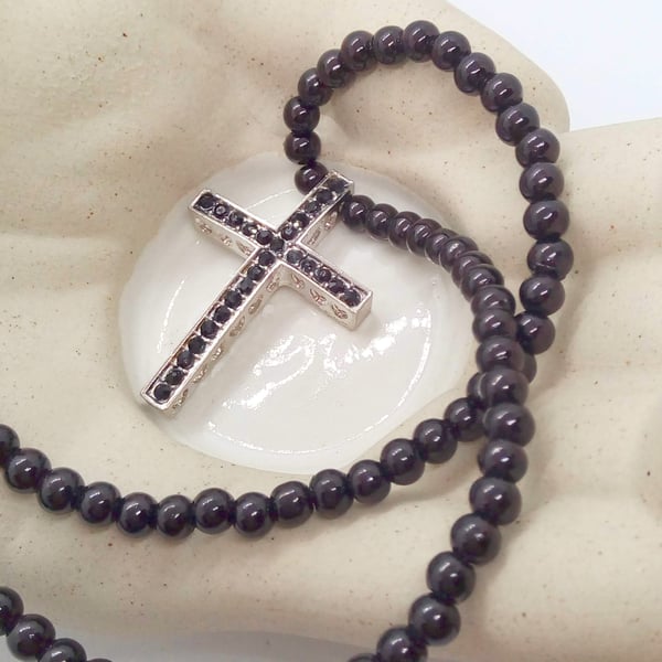Black Crystal Cross Pendant on a Black Beaded Necklace, Black Necklace