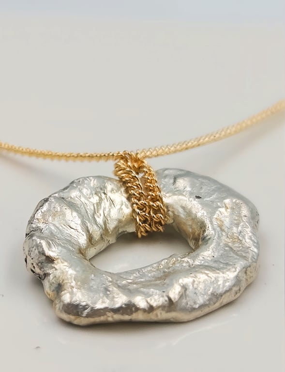 Molten Sterling Silver Circle Pendant, Gold Plated Chain Necklace