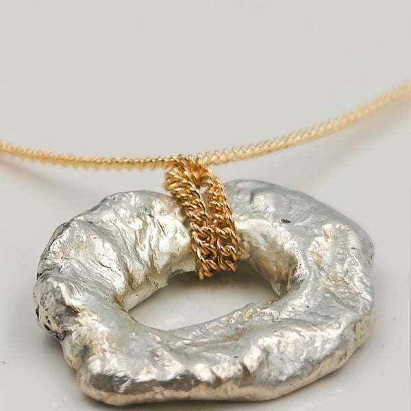 Molten Sterling Silver Circle Pendant, Gold Plated Chain Necklace