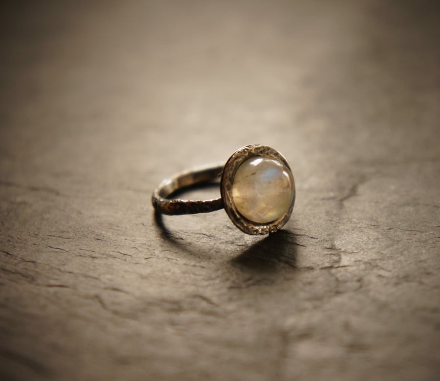 Rainbow Moonstone Wabi Sabi Style Sterling Silver Ring