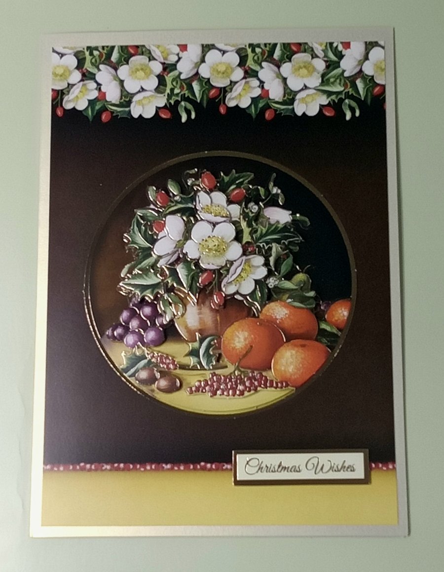 Decoupaged Christmas Card,  Festive Flowers 